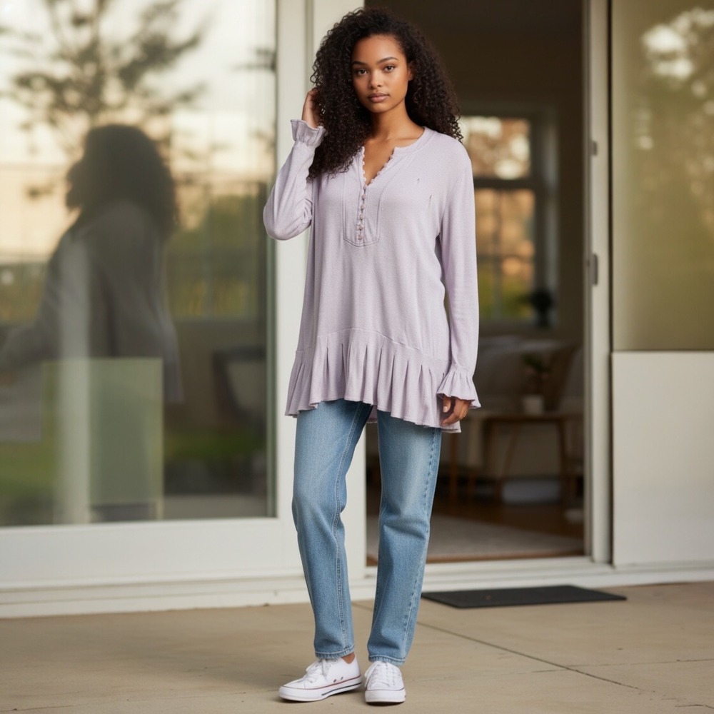 Free People Lavender Purple Textured Henley Ruffle Tunic Top Womens XS